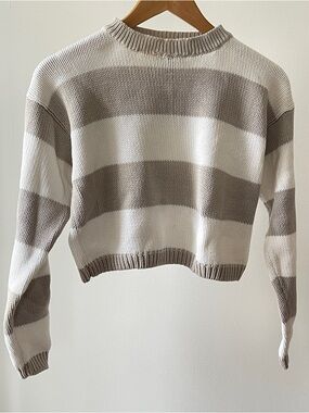 GAP Cropped Crewneck Sweater in Cream & Taupe Stripes Size S